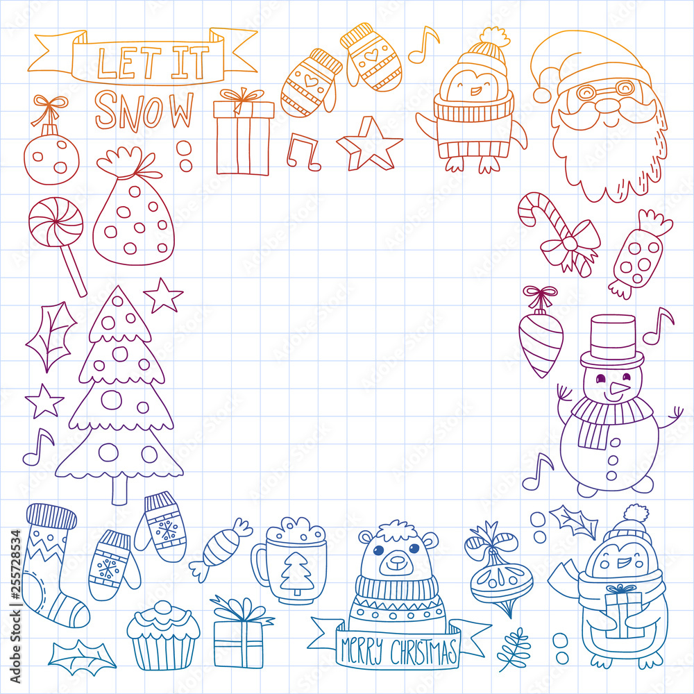 Fototapeta premium Vector doodle pattern with Christmas icons.