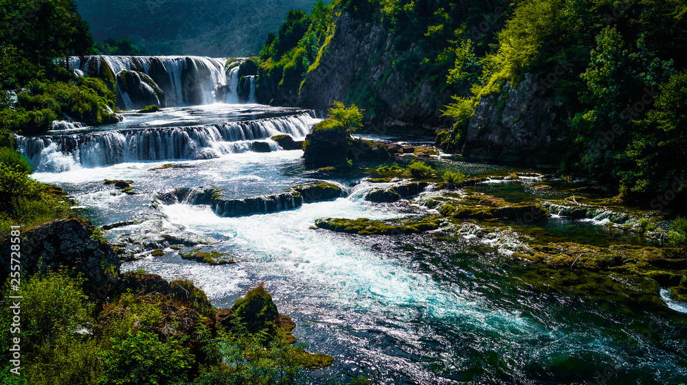 Strbacki buk waterfall at Una National Park, Bosnia. The river una forms a natural border between Croatia and Bosnia