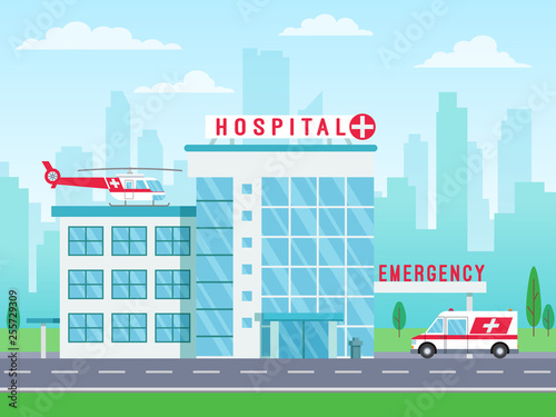 Fototapeta Naklejka Na Ścianę i Meble -  Hospital building with ambulance helicopter on roof and car standing on road, medical services, clinic building with big windows, vector illustration