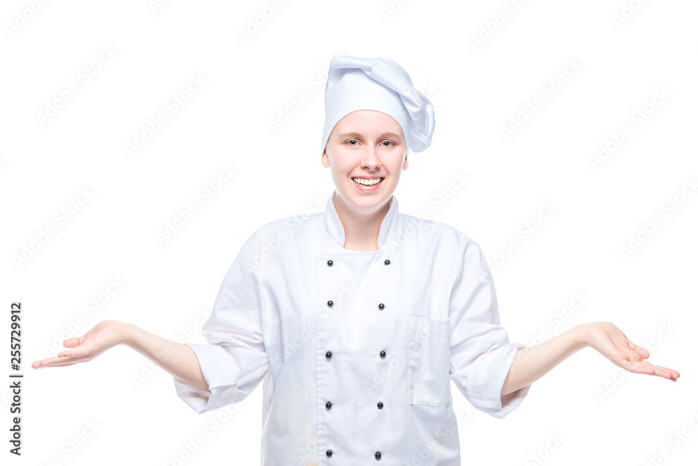 cheerful girl cook posing in studio on white background, portrait isolated cheerful girl cook posing in studio on white background, portrait isolated