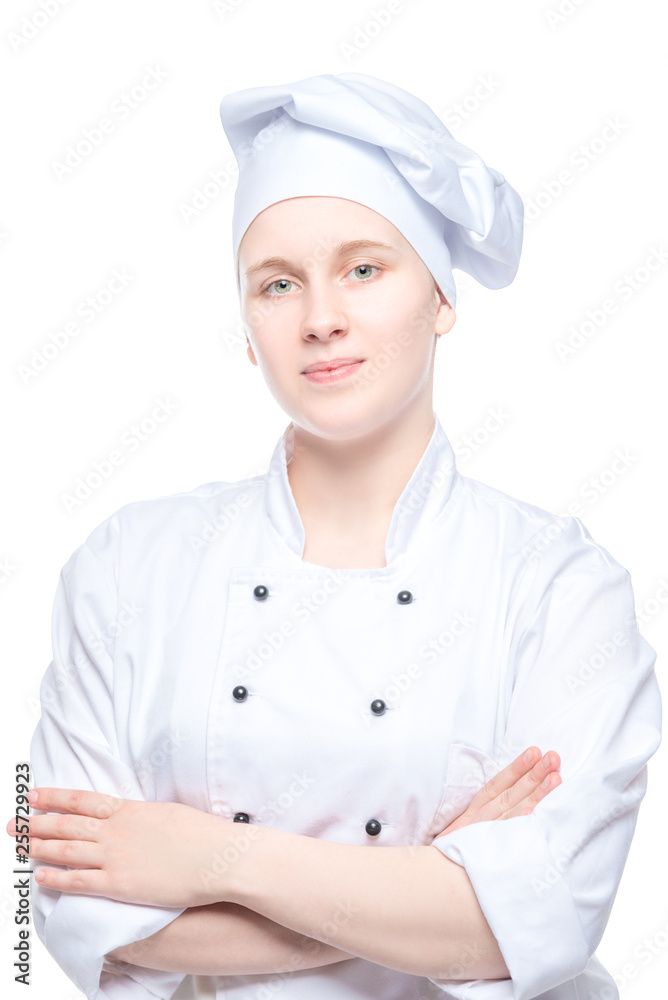 confident woman chef in uniform portrait isolated on white background confident woman chef in uniform portrait isolated on white background