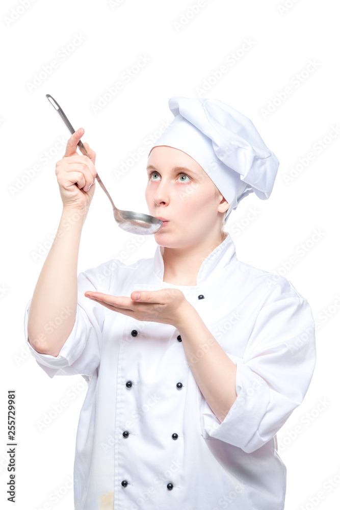 chef tasting soup from ladle on white background in studio isolated chef tasting soup from ladle on white background in studio isolated