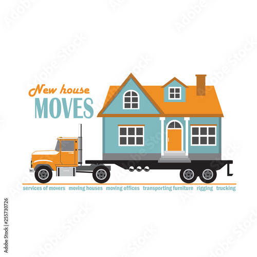 vector illustration of a big truck logo transports a wooden house, service for moving a house, fast delivery