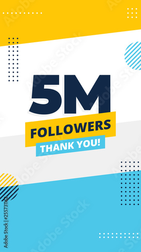 5M followers story post background template design. flyer banner for celebrating many followers in online social media platform. Minimal modern abstract vector style.