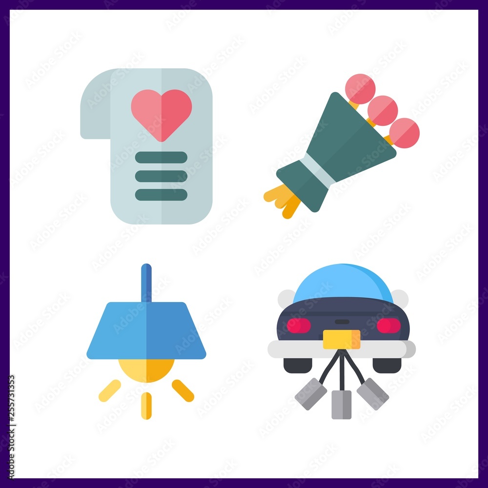 4 decor icon. Vector illustration decor set. wedding car and bouquet icons for decor works 4 decor icon. Vector illustration decor set. wedding car and bouquet icons for decor works