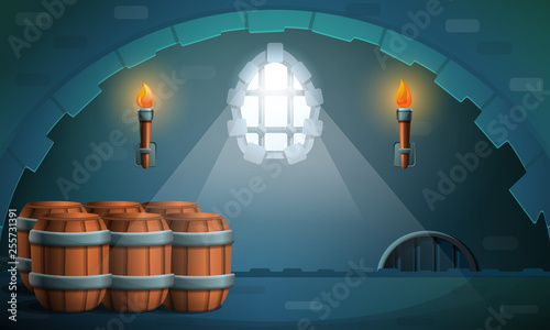 dungeon castle with barrels and torches, vector illustration