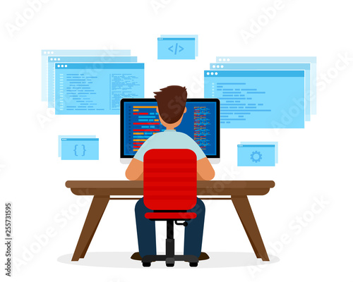 Engineer programmer is working at the desk. Programming concept, website coding. Vector illustration isolated on white background.