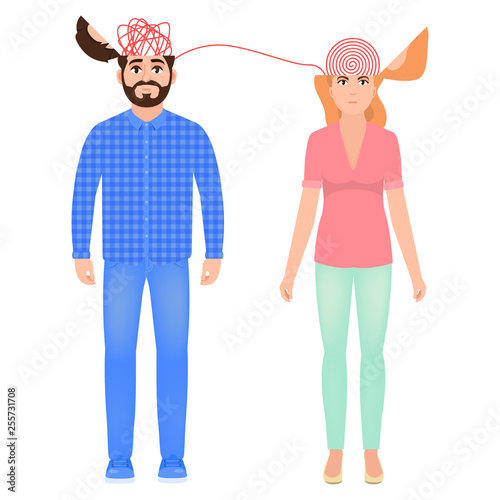 Female psychologist with a tangled metaphor of the brain, male and female thoughts, a man with a dreamy mind. Psychology and psychotherapy