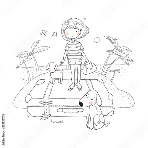 Happy Travel. Cute cartoon girl, dog and suitcases. Bon Voyage