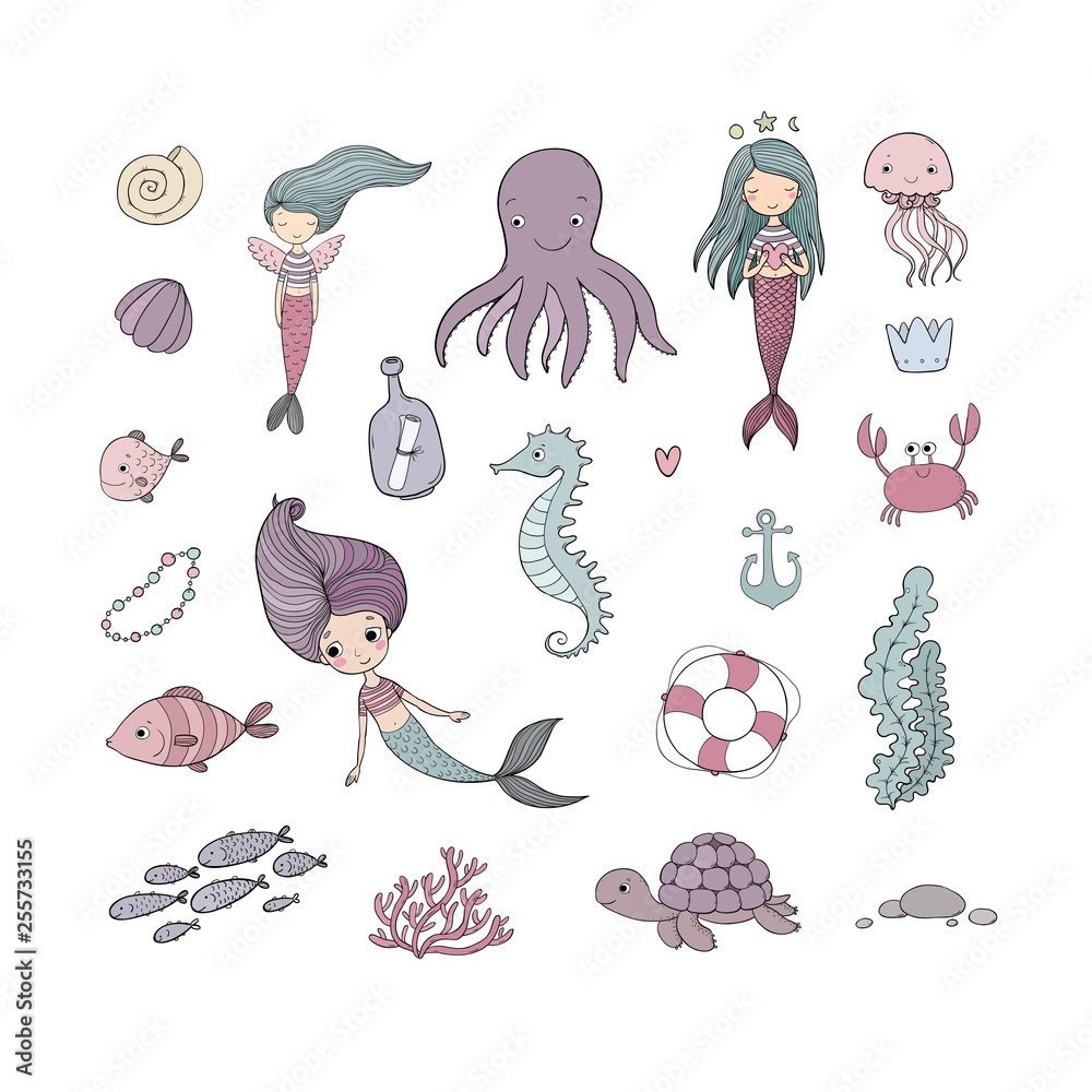 Marine illustrations set. Little cute cartoon mermaid Marine illustrations set. Little cute cartoon mermaid
