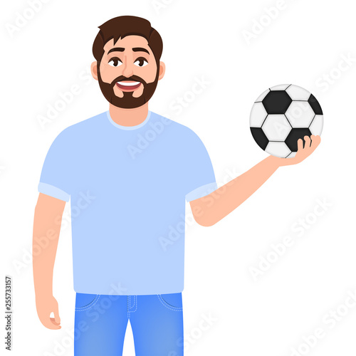 Man holding a soccer ball, happy bearded man, playing football, character in a cartoon style.