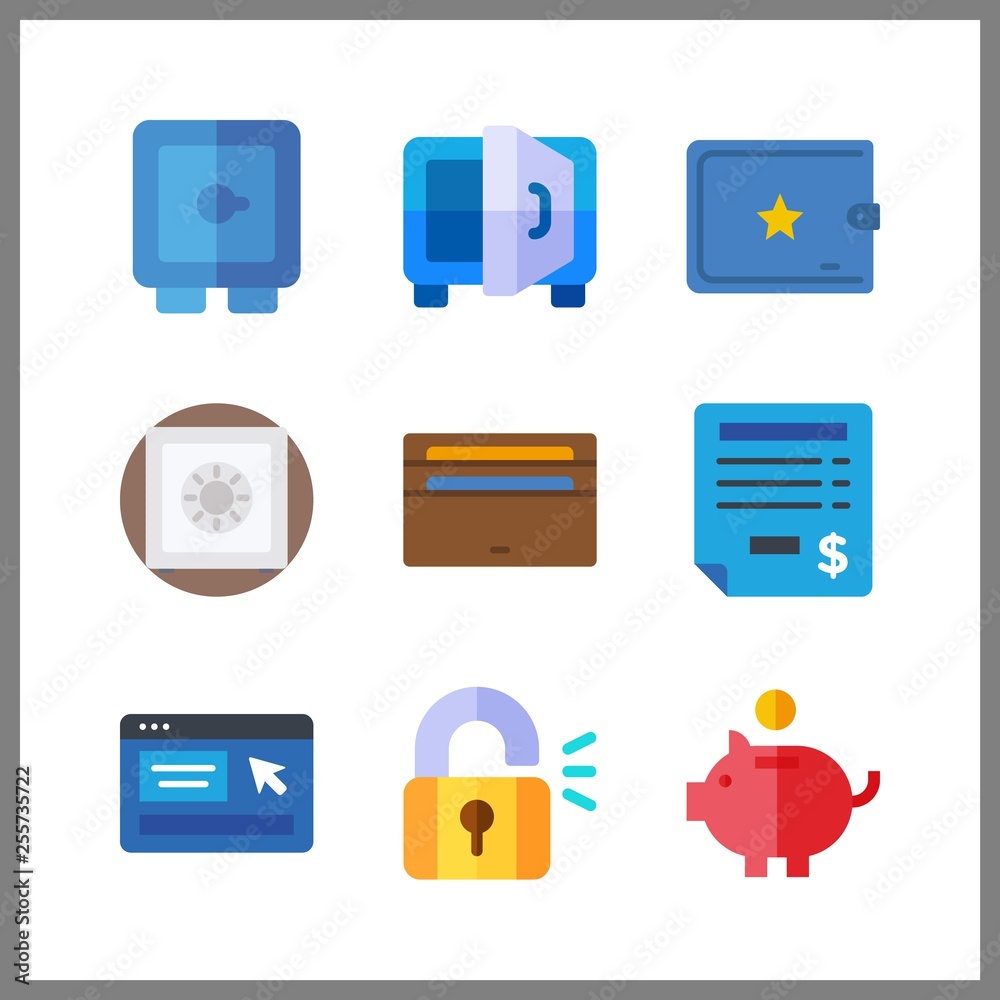 9 banking icon. Vector illustration banking set. invoice and safebox icons for banking works 9 banking icon. Vector illustration banking set. invoice and safebox icons for banking works