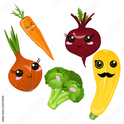 Funny cartoon cute ripe Bukar, yellow squash, long orange markovka.