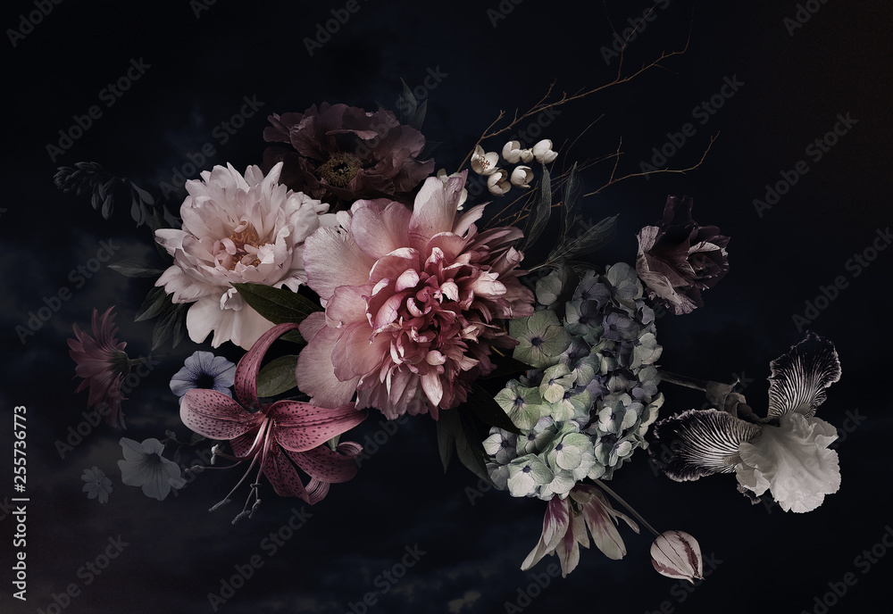 Fototapeta Piękny bukiet kwiatów na czarnym tle