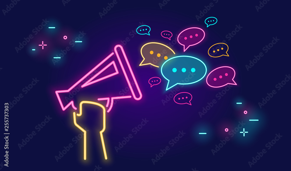 Megaphone shouting out with speech bubbles banner for social networks in neon light style on dark background - obrazy, fototapety, plakaty 