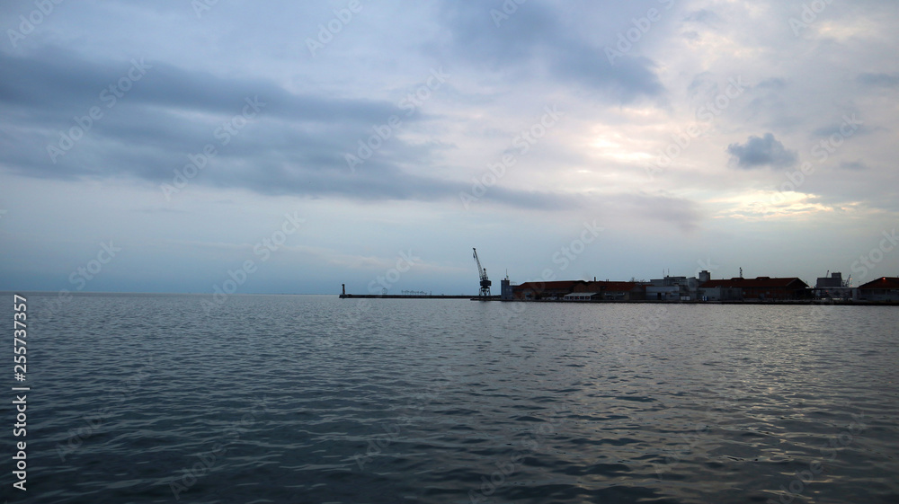 Thessaloniki waterfront, Greece. Cloudy seascape, view of the port. 