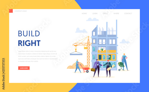 Business Construction Work Process Concept Landing Page. Builder Character in Helmet Build House. Happy People in Suit Make Deal Website or Web Page. Flat Cartoon Vector Illustration