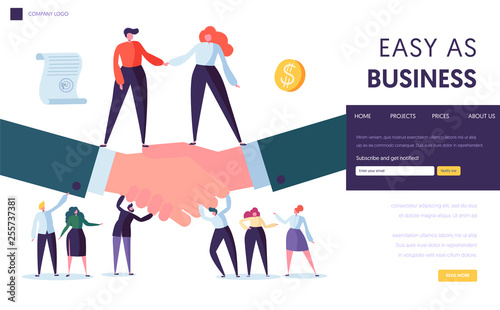 Business Partnership Concept Landing Page. People Character Stand on Two Businessman Shaking Hand. Symbol of Successful Agreement Website or Web Page. Cooperation Idea Flat Cartoon Vector Illustration