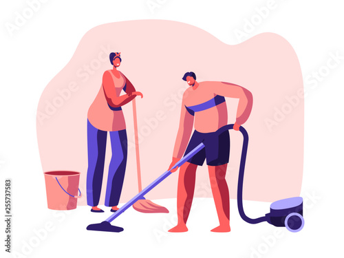 Housecleaning Banner. Character Domestic Scrubwoman Housework Cleaning Floor. Housekeeping Work Time. Equipment Detergent Broom Bucket Vacuum Cleaner Dry. Flat Cartoon Vector Illustration
