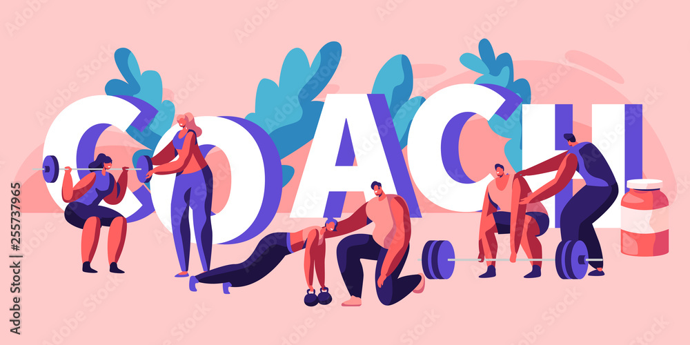 Individual Coach Fitness Exercise Banner. Instructor Assistant Personal Training Body Strong Muscle Bodybuilding Exercise Strength Sportsman Health. Flat Cartoon Vector Illustration