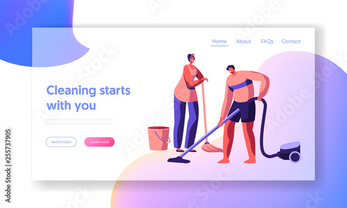 Housecleaning by Scrubwoman Landing Page. Character Domestic Housework Cleaning Floor. Housekeeping Time with Vacuum Cleaner, Broom and Bucket Website or Web Page. Flat Cartoon Vector Illustration