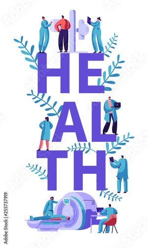 Clinic Tomography Banner. Medical Center Hospital Healthcare People Healthy Specialist with Computer Diagnosis Research. Clinical Specialist X-ray Equipment. Flat Cartoon Vector Illustration