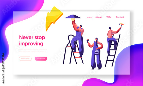 Repair Service Professional Worker Landing Page. Workman on Ladder Change Light Bulb, Paint Wall Brush and Roller . Renovation Team Work in Room Website or Web Page. Flat Cartoon Vector Illustration