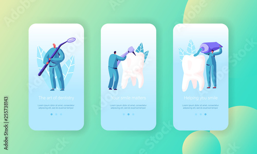 Healthy Teeth Treatment Care Mobile App Page Onboard Screen Set. Dentist Prevention, Whitening and Toothbrush with Toothpaste for Healthcare Website or Web Page. Flat Cartoon Vector Illustration