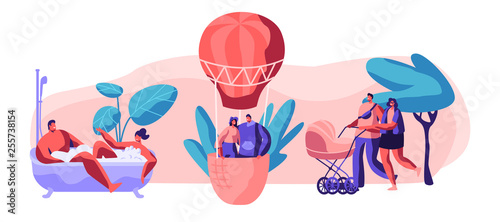 Life for Happy Moment Set. Man and Woman Take Bath Together with Bubble in Bathroom. Young Love Couple Fly Air Balloon in Sky. Walk Family with Baby Stroller in Park. Flat Cartoon Vector Illustration