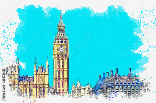 Photography Watercolor sketch or illustration of a beautiful view of the Big Ben and the Hou