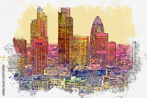 Photography Watercolor sketch or illustration of a beautiful view of the Canary Wharf business district in London in the UK