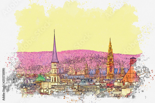 Watercolor sketch or illustration of a beautiful view of the urban architecture in Vienna in Austria. Cityscape or urban skyline