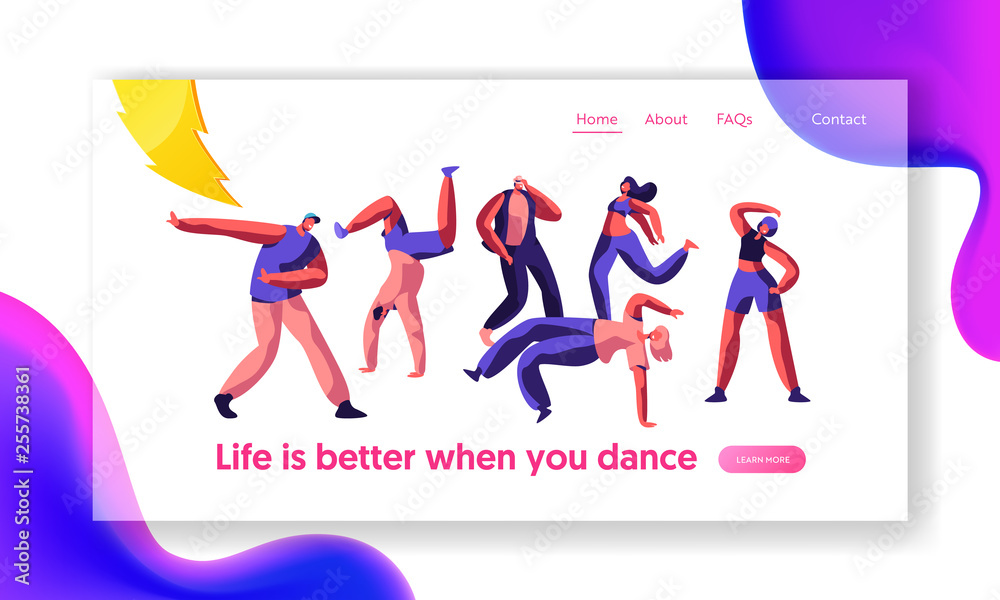 Disco Guy Freestyle Dancing Landing Page. Youth People, Boy and Girl Active Motion Together. Activity Lifestyle on Street Concert Website or Web Page. Flat Cartoon Vector Illustration