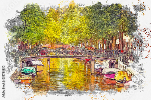 Watercolor sketch or illustration of a beautiful view of the urban architecture with a bridge and bicycles on it and boats on the water in Amsterdam in the Netherlands