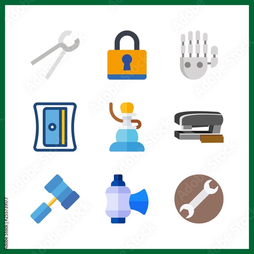 9 steel icon. Vector illustration steel set. sharpener and wrench icons for steel works