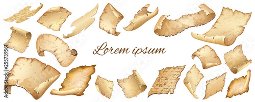 Poster of flying or falling royal old parchments. Set isolated ancient paper for message. Isometric 3d vector illustration for computer games and books design.