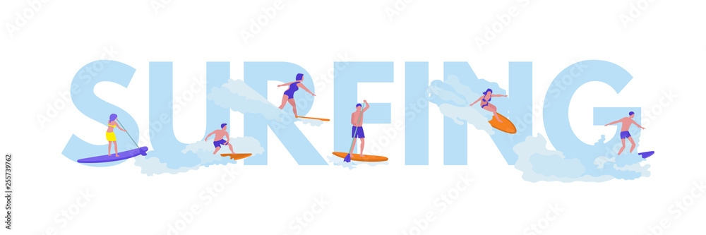Surfing flat vector illustration with lettering Surfing flat vector illustration with lettering