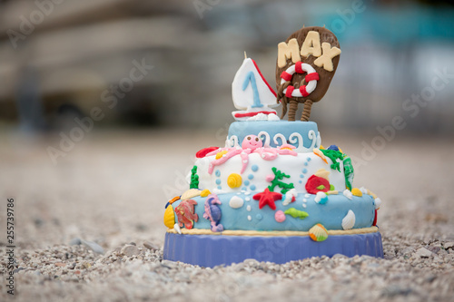 Sea theme cake for first birthday with marine decoratin and sea objects