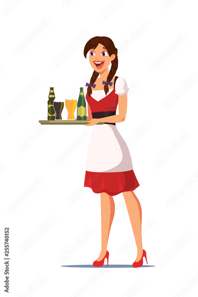 Waitress carrying tray in pub vector illustration