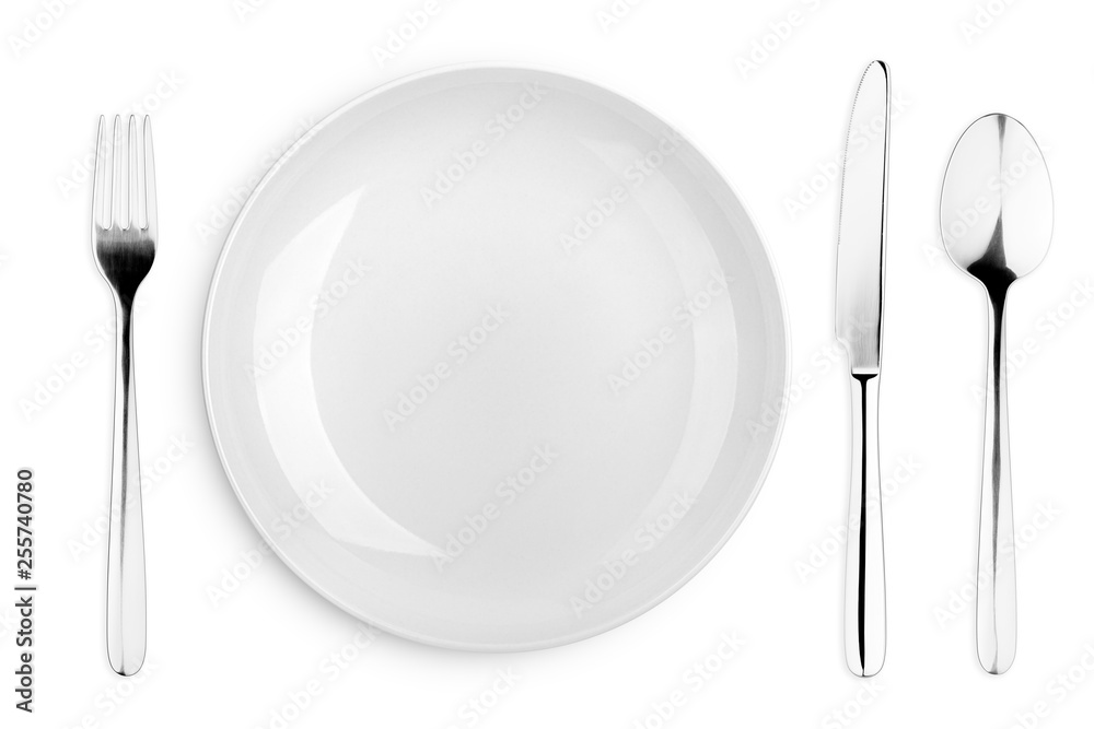 Empty plate, Spoon, fork, knife, clipping path, white background, isolated, top view Empty plate, Spoon, fork, knife, clipping path, white background, isolated, top view
