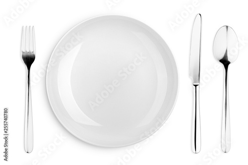 Empty plate, Spoon, fork, knife, clipping path, white background, isolated, top view