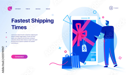 Shopping Online on Website or Mobile Application. Sale, consumerism and people concept. Landing page template. Young man shopping online with a smartphone.