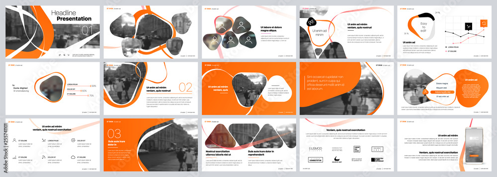 Presentation template. Orange elements for slide presentations on a white background. Use also as a flyer, brochure, corporate report, marketing, advertising, annual report, banner. Vector