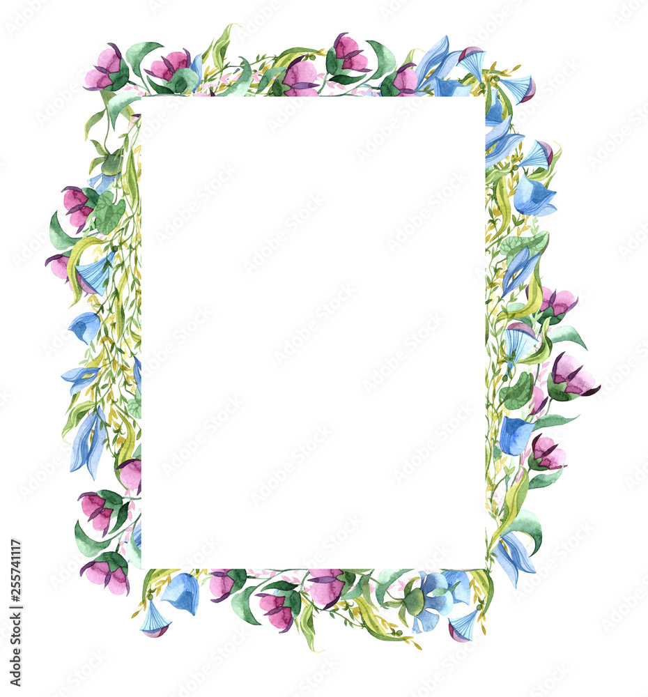 floral watercolor frame in cool shades on a white background