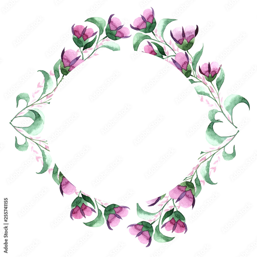 floral watercolor frame in cool shades on a white background