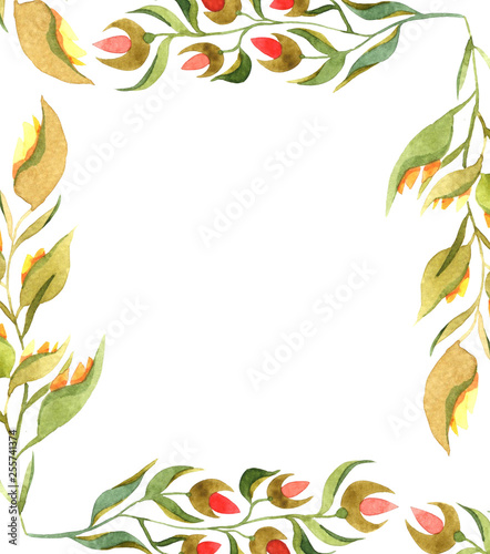 floral watercolor frame in warm colors on a white background
