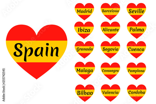 Heart shaped Spain flag with inscription of city name: Spain, Madrid, Barcelona, Palma, Ibiza, Alicante, Seville, Granada, Segovia, Malaga, Pamplona, Bilbao, Valencia, Cordoba. Vector illustration