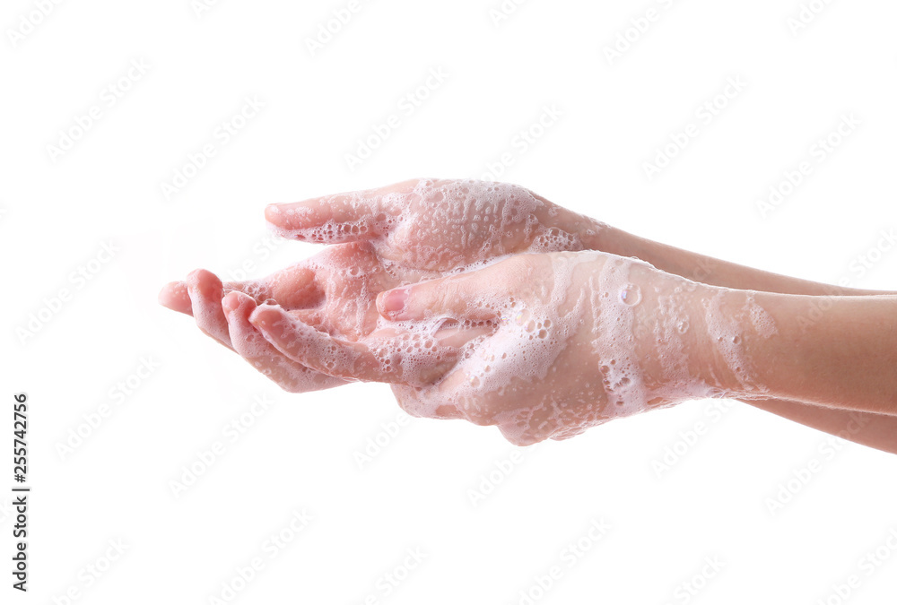 Washing hands isolated on a white background, close up Washing hands isolated on a white background, close up