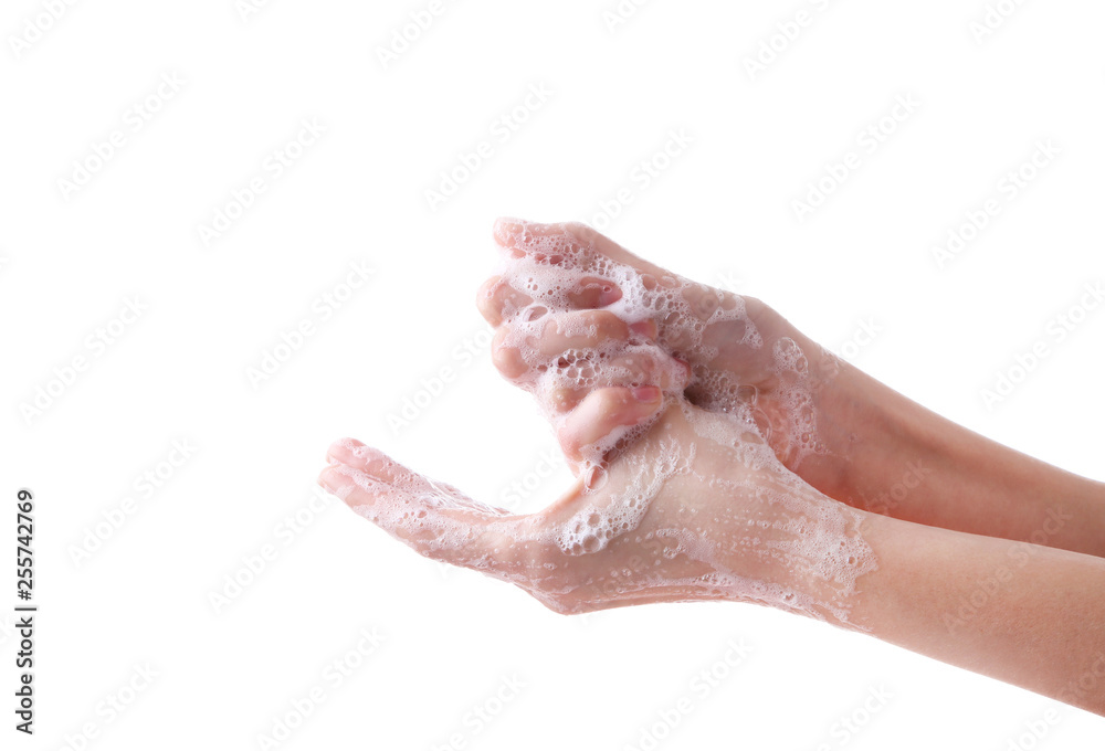 Washing hands isolated on a white background, close up Washing hands isolated on a white background, close up