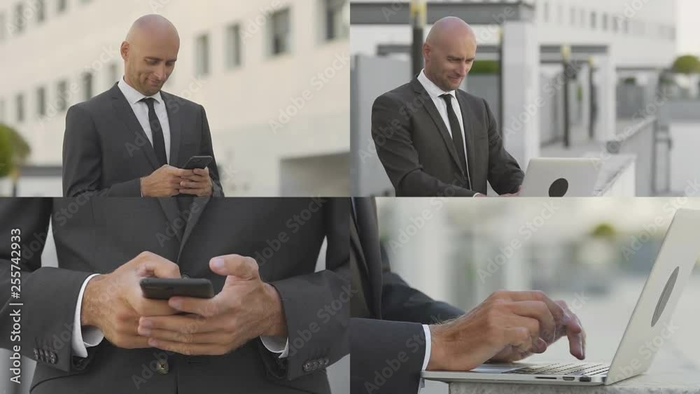 Confident mature businessman working with digital devices. Multiscreen montage, split screen collage. Young hairless man wearing formal suit using smartphone and laptop. Technology concept